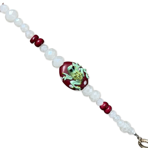 Blown Glass Art Frog Bracelet with Stone, Pearl and Ceramic Beads - Picture 4 of 7
